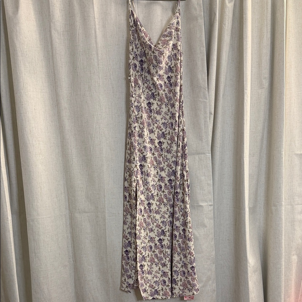 Floral Maxi Dress with Spaghetti Straps and Side Slit with Pearl Detail